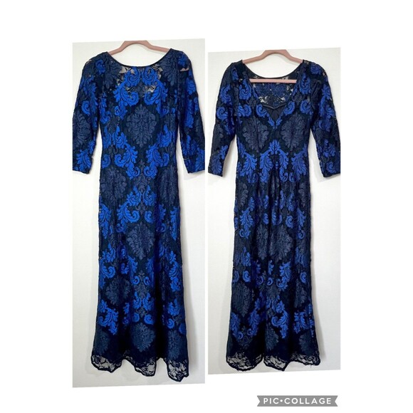Aidan Mattox Formal Dress Gown Blue Black Damask Lace Women’s 2 - Picture 1 of 12